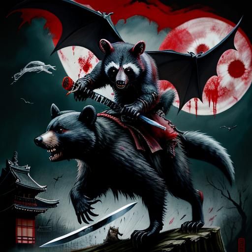 Flying Bloodied Rabid Racoon Bat on vicious venomous blood s...