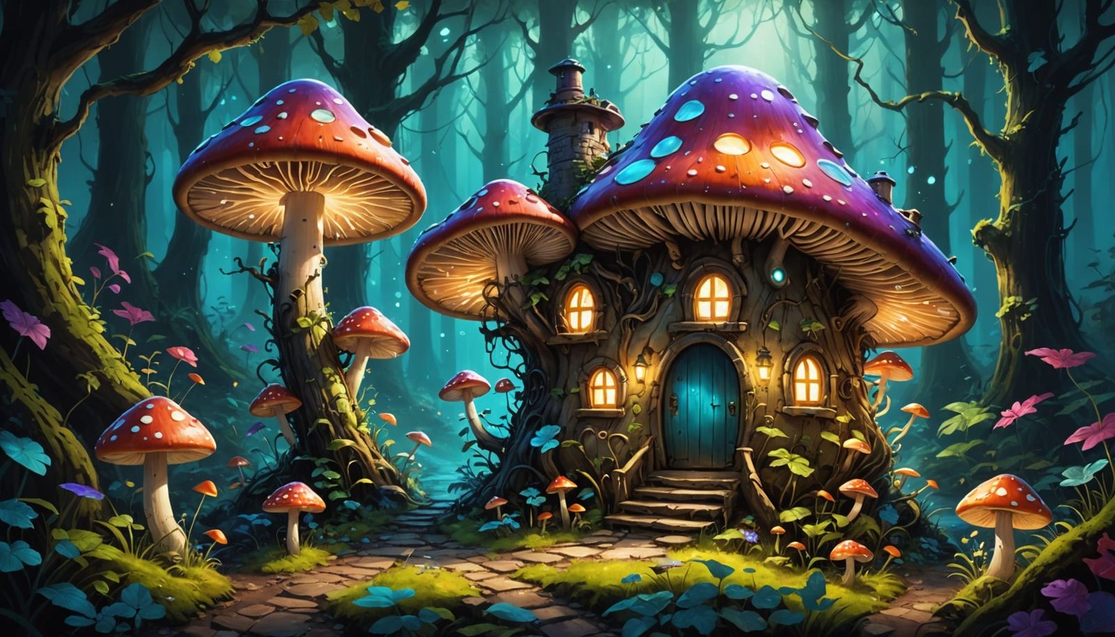 Enchanted Fairy Mushroom House in Bioluminescent Forest