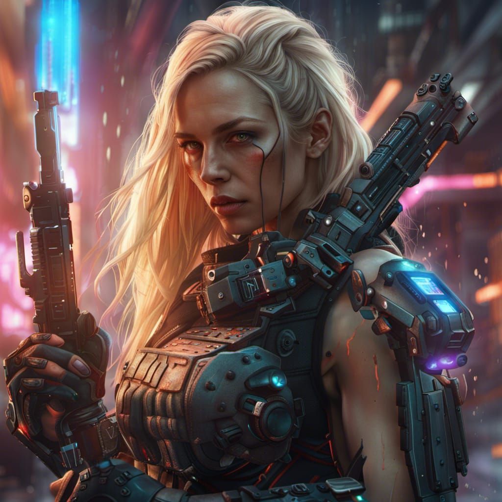 Cyberpunk Warrior with Laser Gun, Detailed Matte Painting
