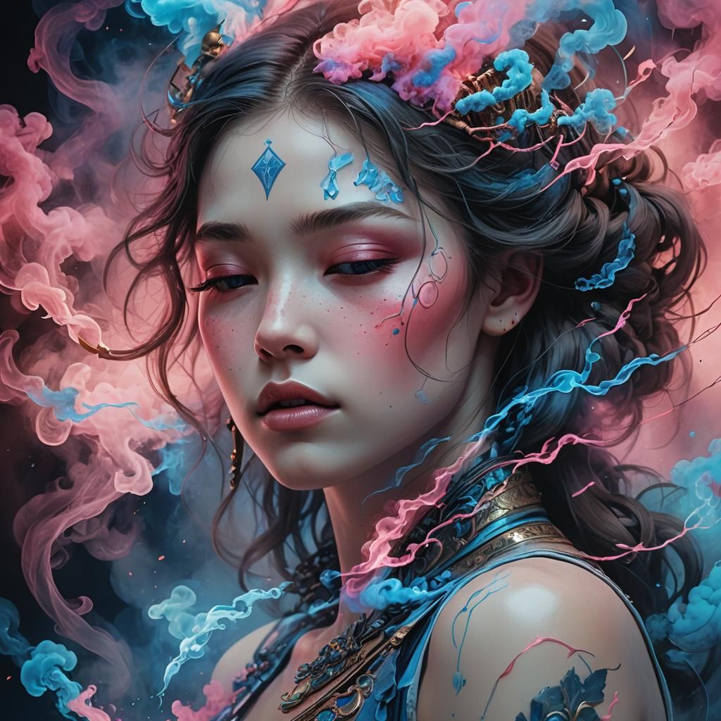 Ethereal Woman Portrait in Neon Smoke, Fantasy Art