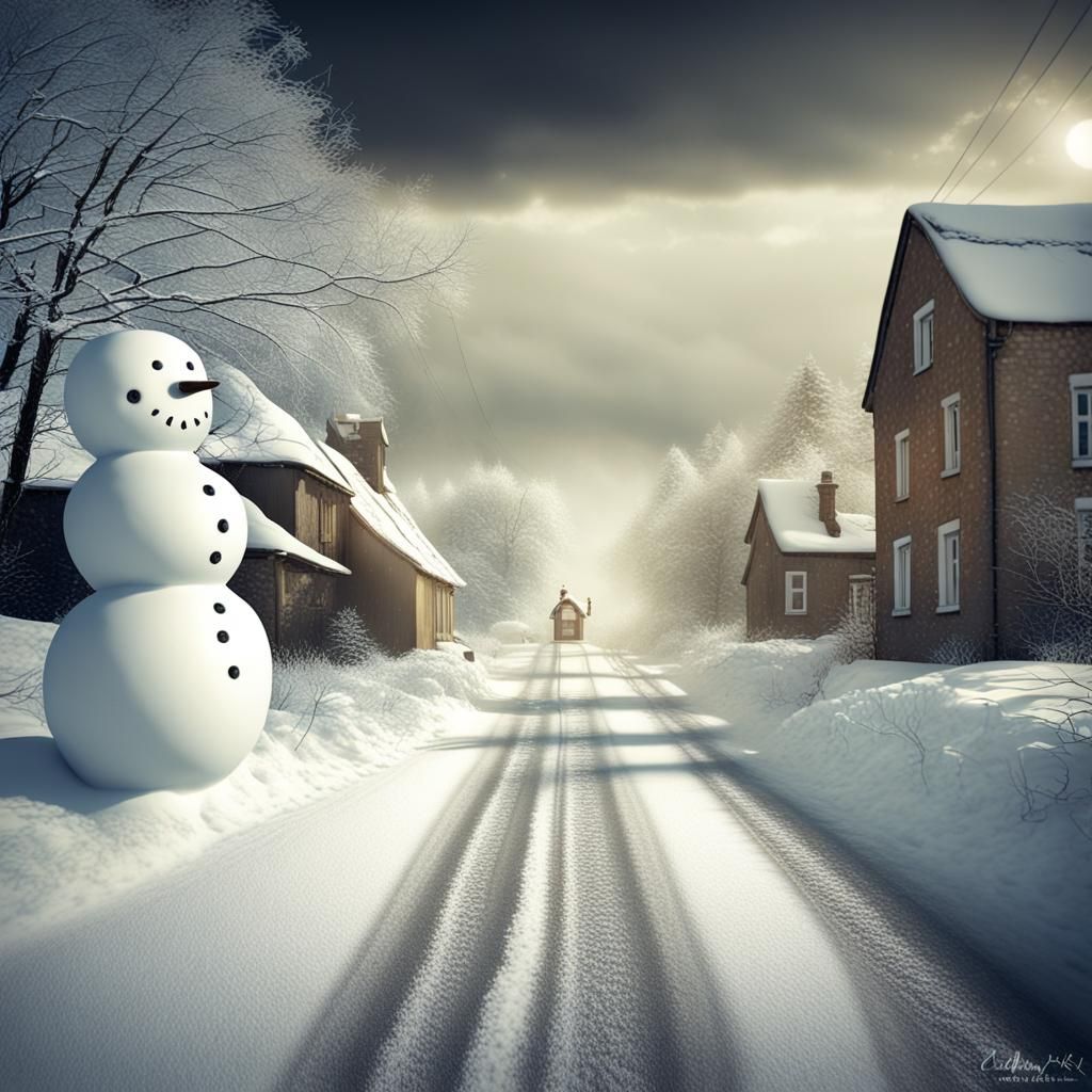 Winter Village Scene with Snowman in Splash Art