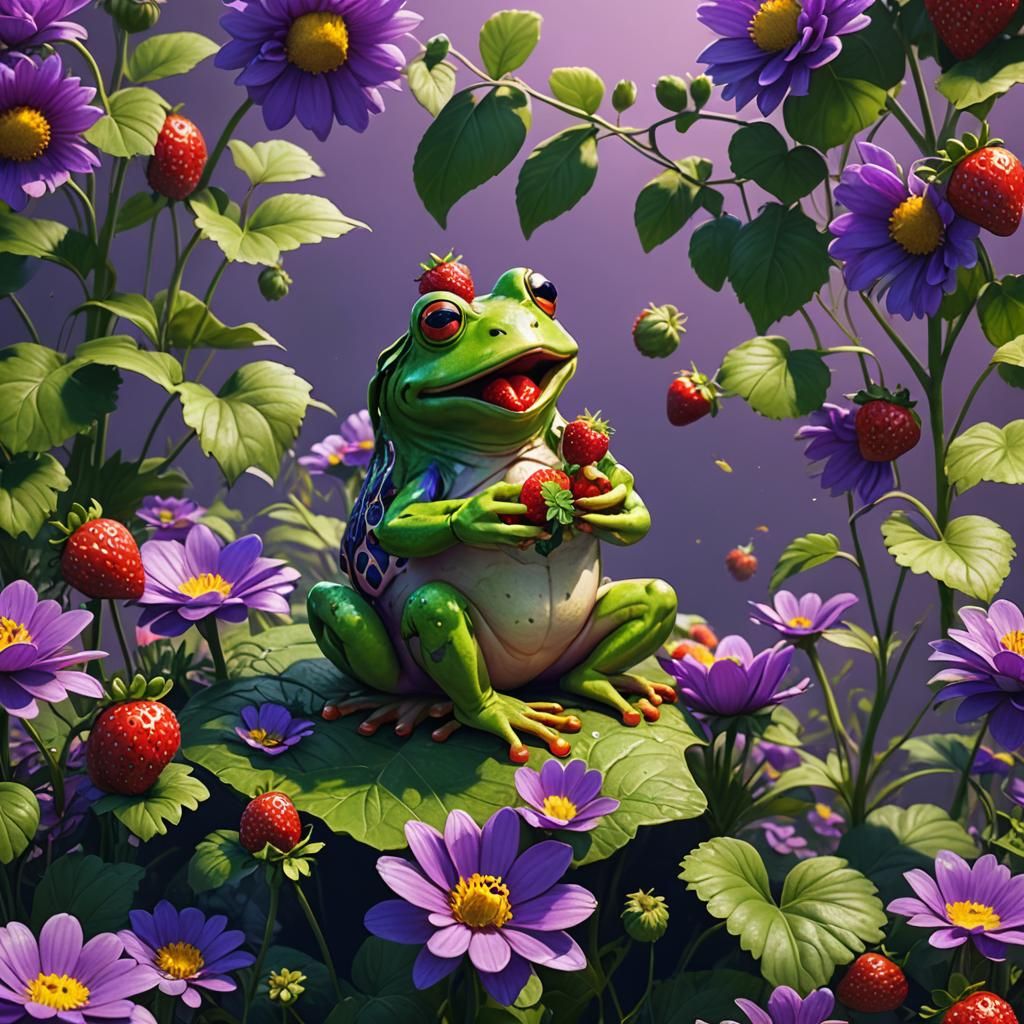 Cartoon Frog on Flower, a Detailed Matte Painting