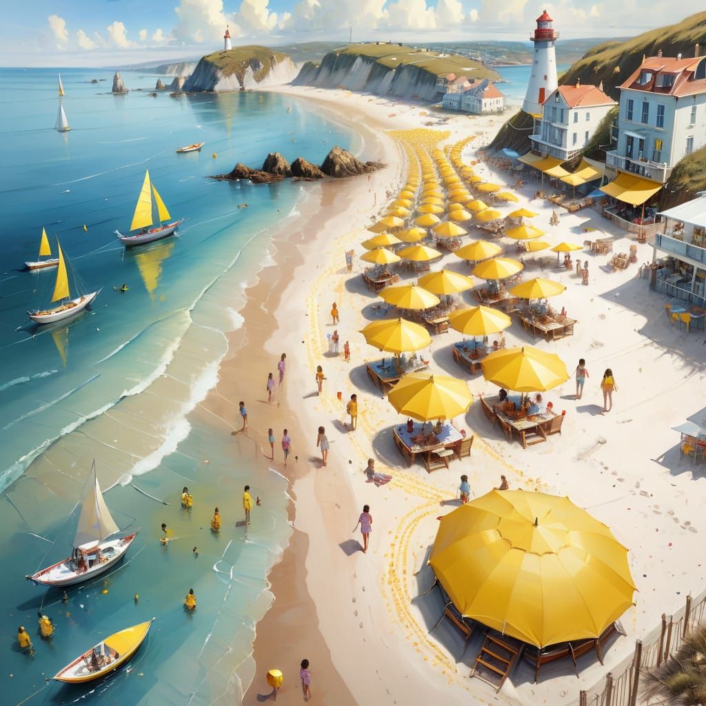 Aerial Beach View with Golden Umbrellas, Hyperrealistic Oil ...