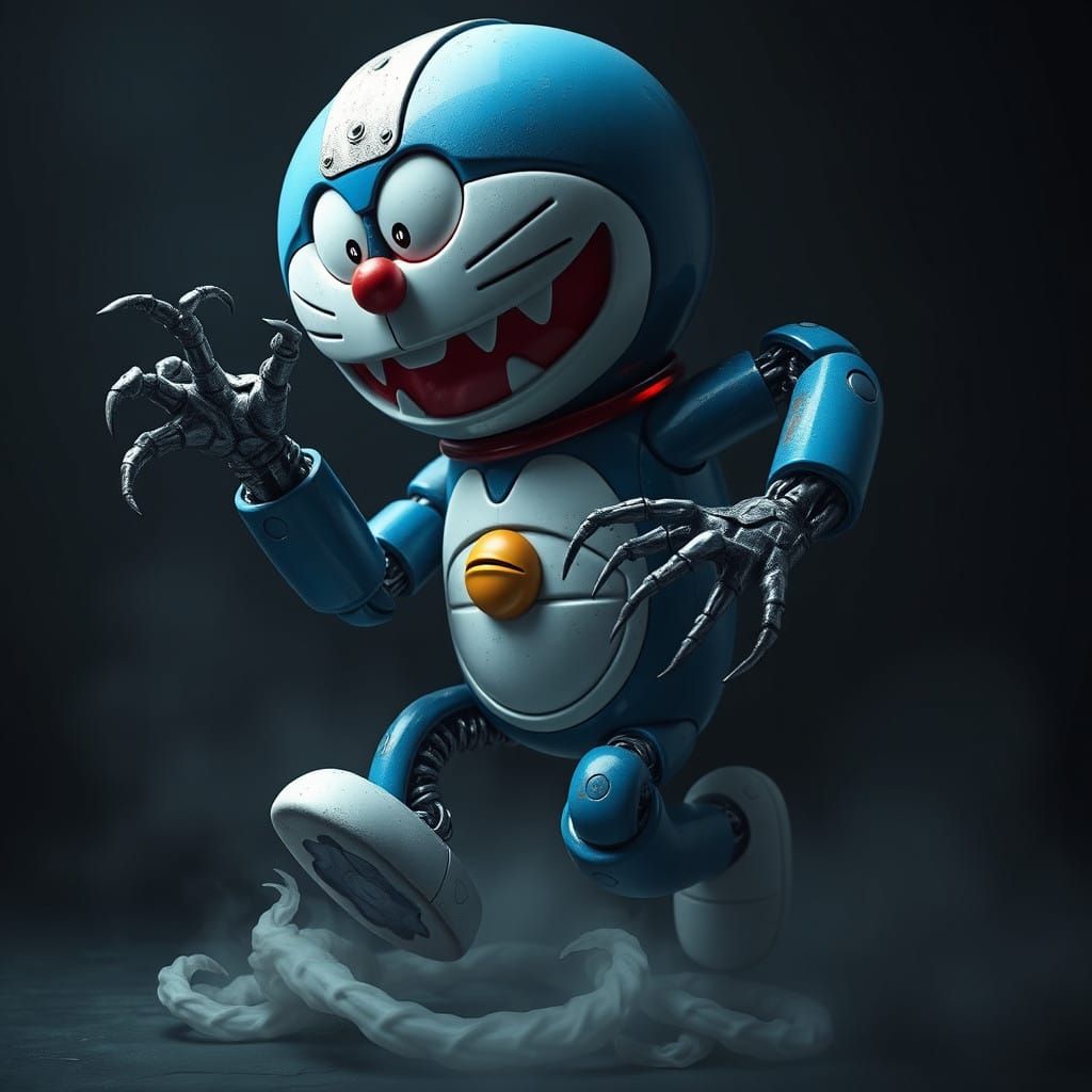 Doraemon in a Dark, Twisted Cyberpunk Pose