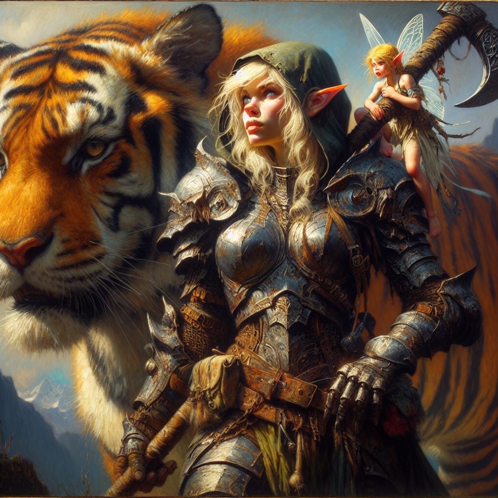 Battle-Hardened Female Elf in Tenebrism Oil Painting