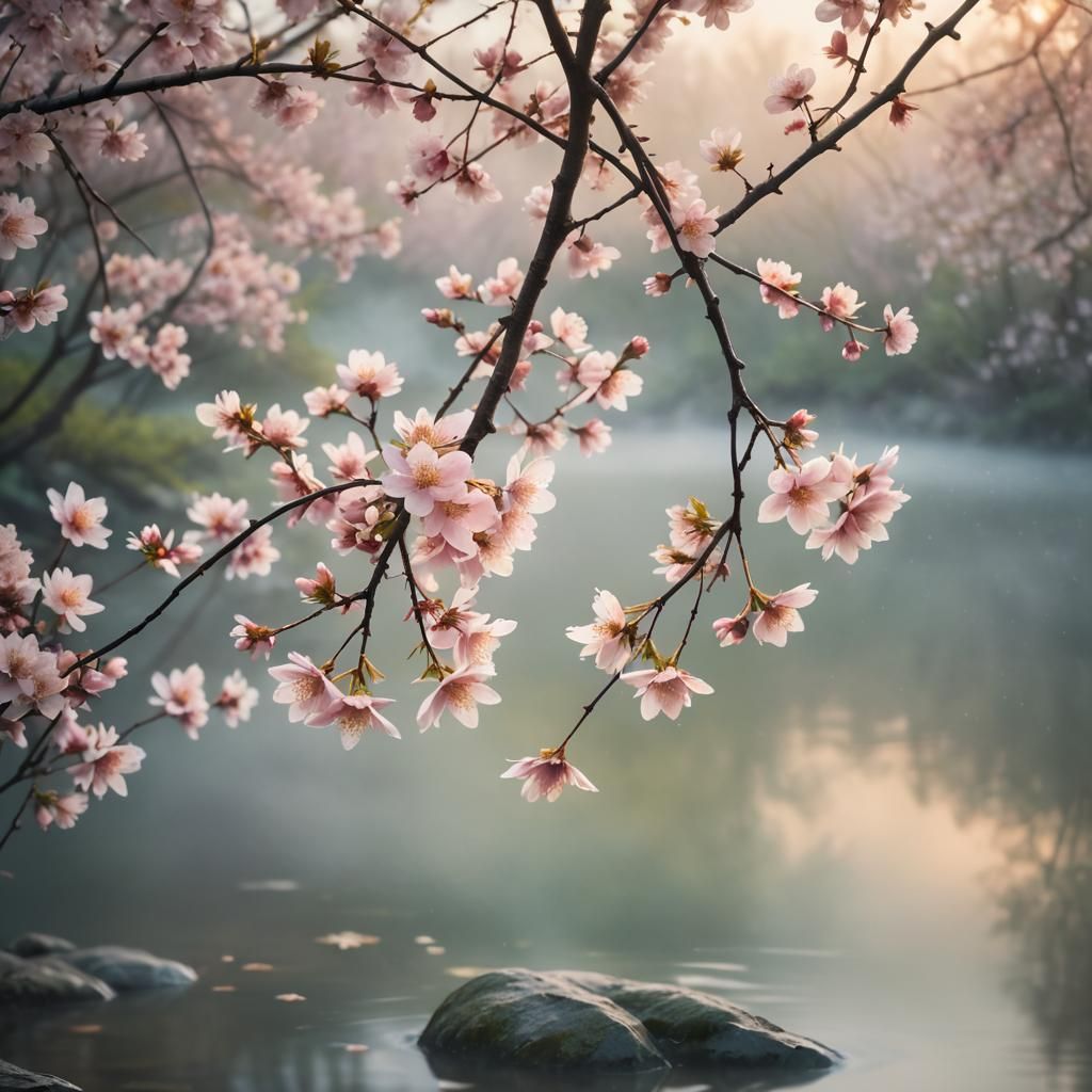 Sakura Flowers Bloom in Misty Sunrise Landscape
