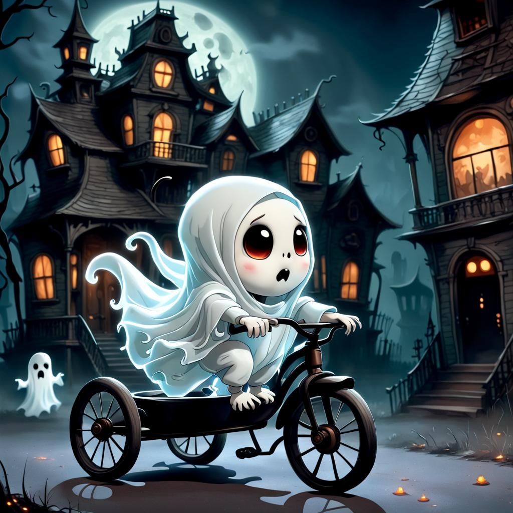Chibi Sheet Ghost on Tricycle in Haunted House