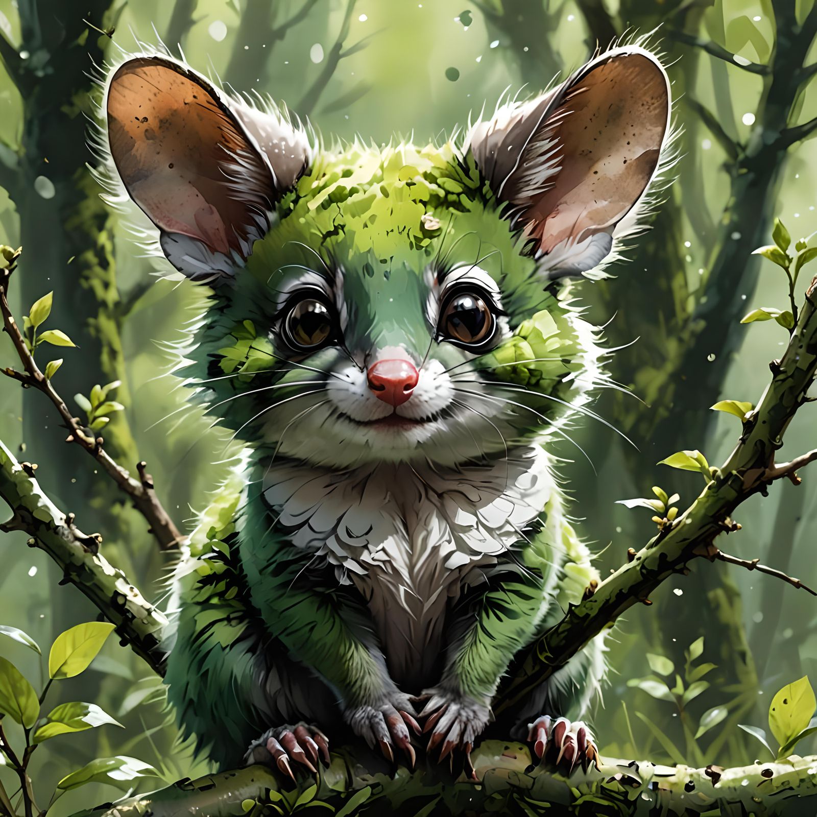 Adorable Green Ringtail Possum in Spring Garden