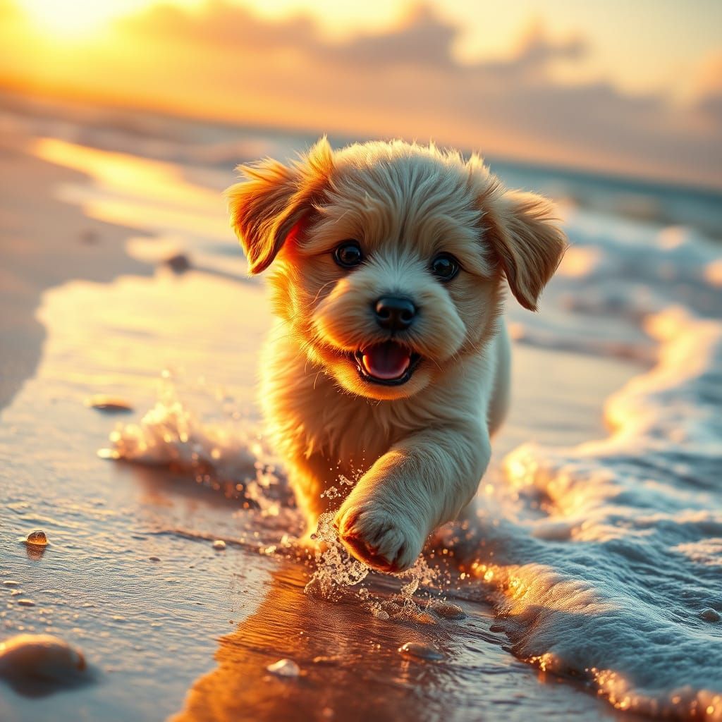 Playful Puppy Runs Along Sunset Beach in Whimsical Fantasy