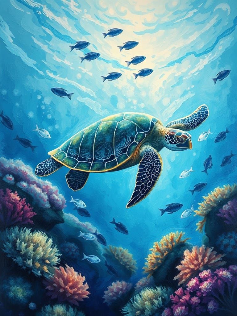 Majestic Sea Turtle in Vibrant Coral Reef