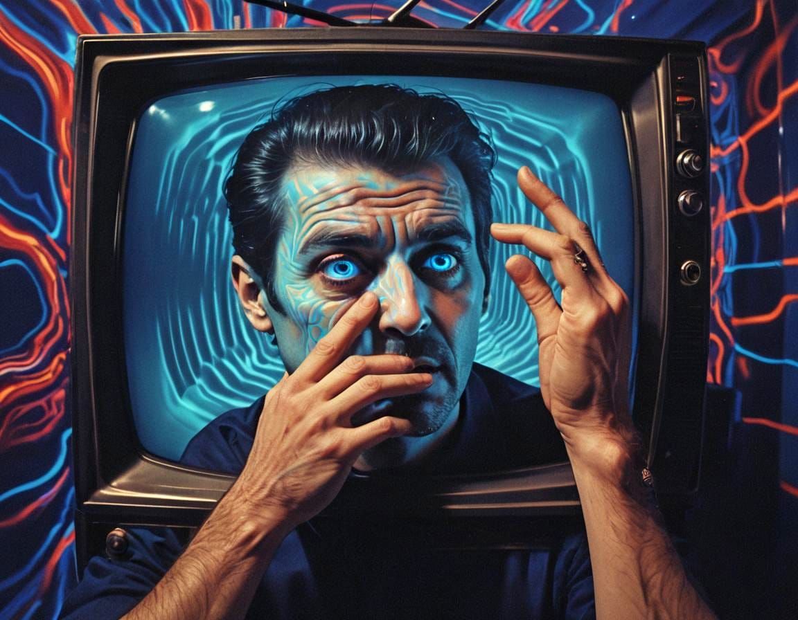Man Trapped Inside Television Screen: Surreal Scene