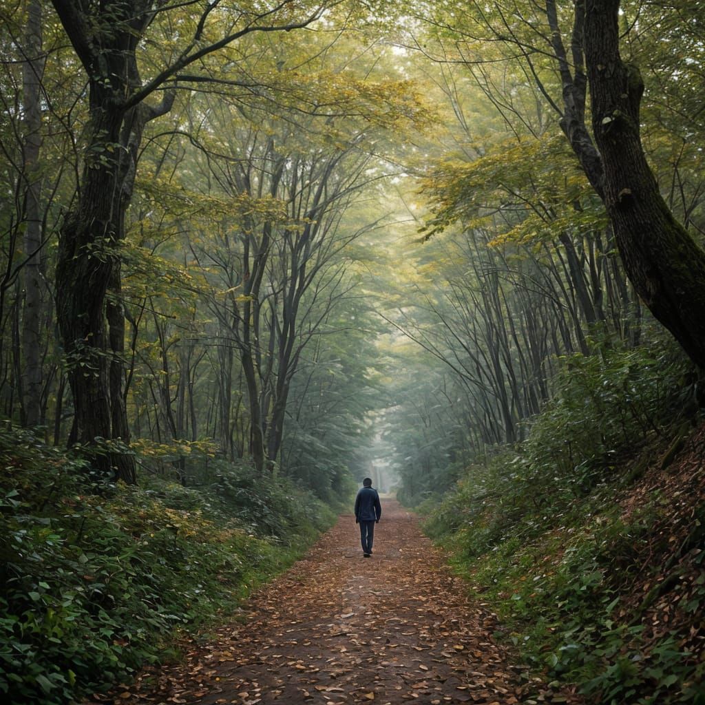 Hyperrealistic Forest Paths Diverge in Autumn Wood