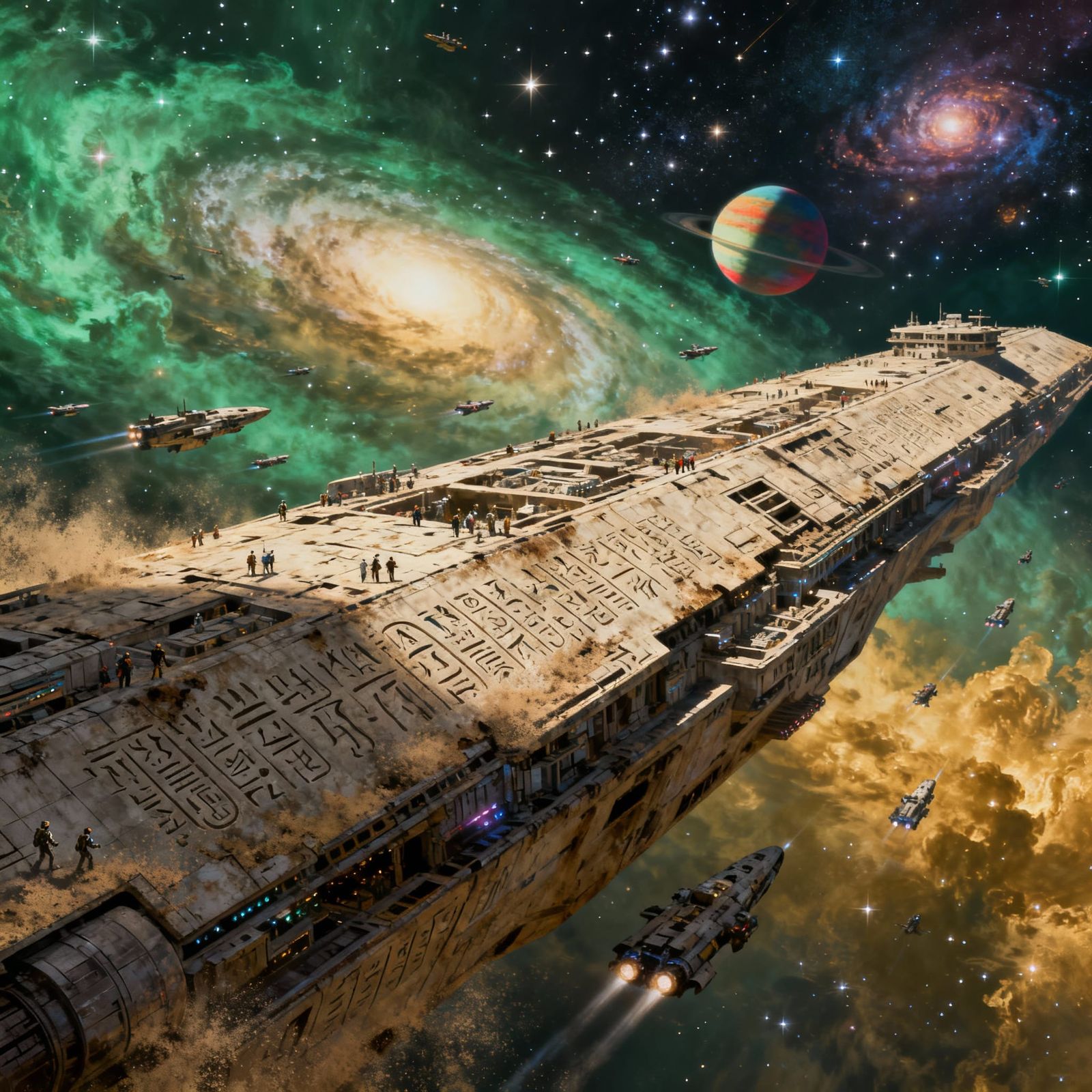 Ancient Alien Spaceship in Emerald and Gold Nebula