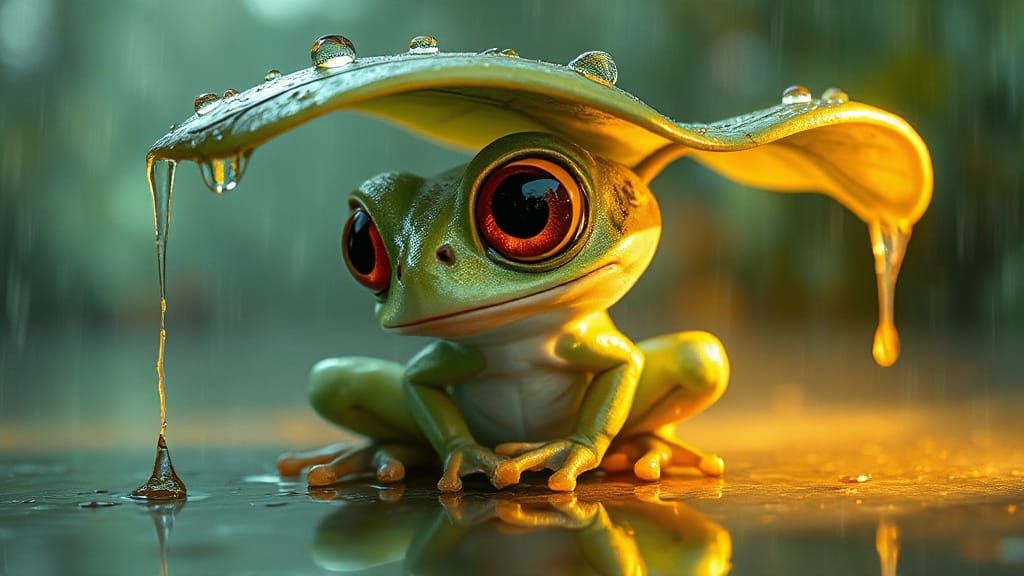 Whimsical Frog in Iridescent Green, Under a Leafy Canopy