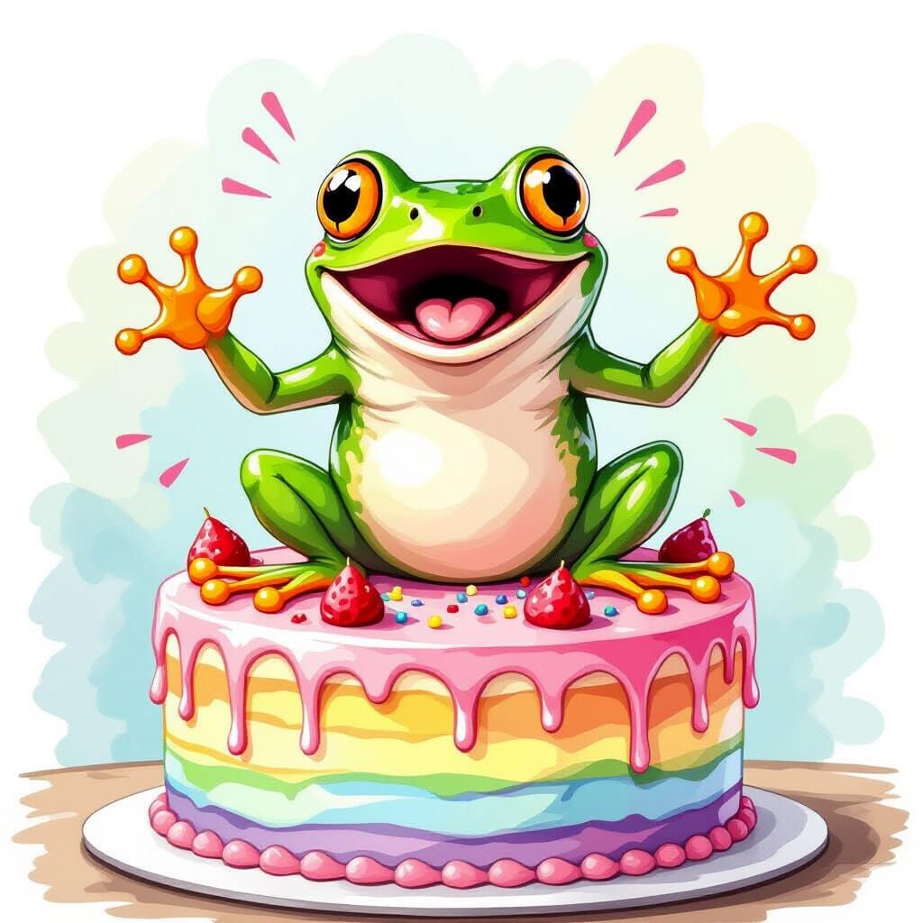 Surprised Frog Leaping From Cake in Watercolor