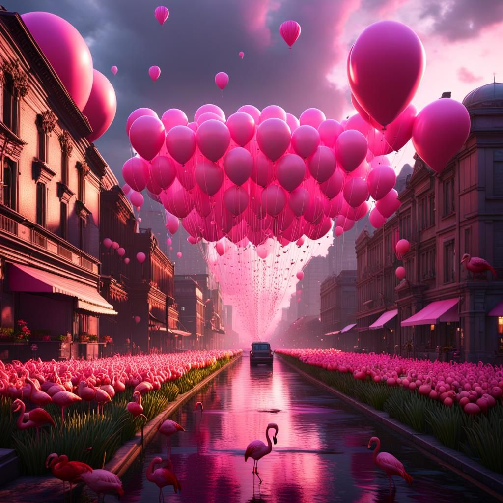 Pink Cityscape with Flamingos and Floral Rain