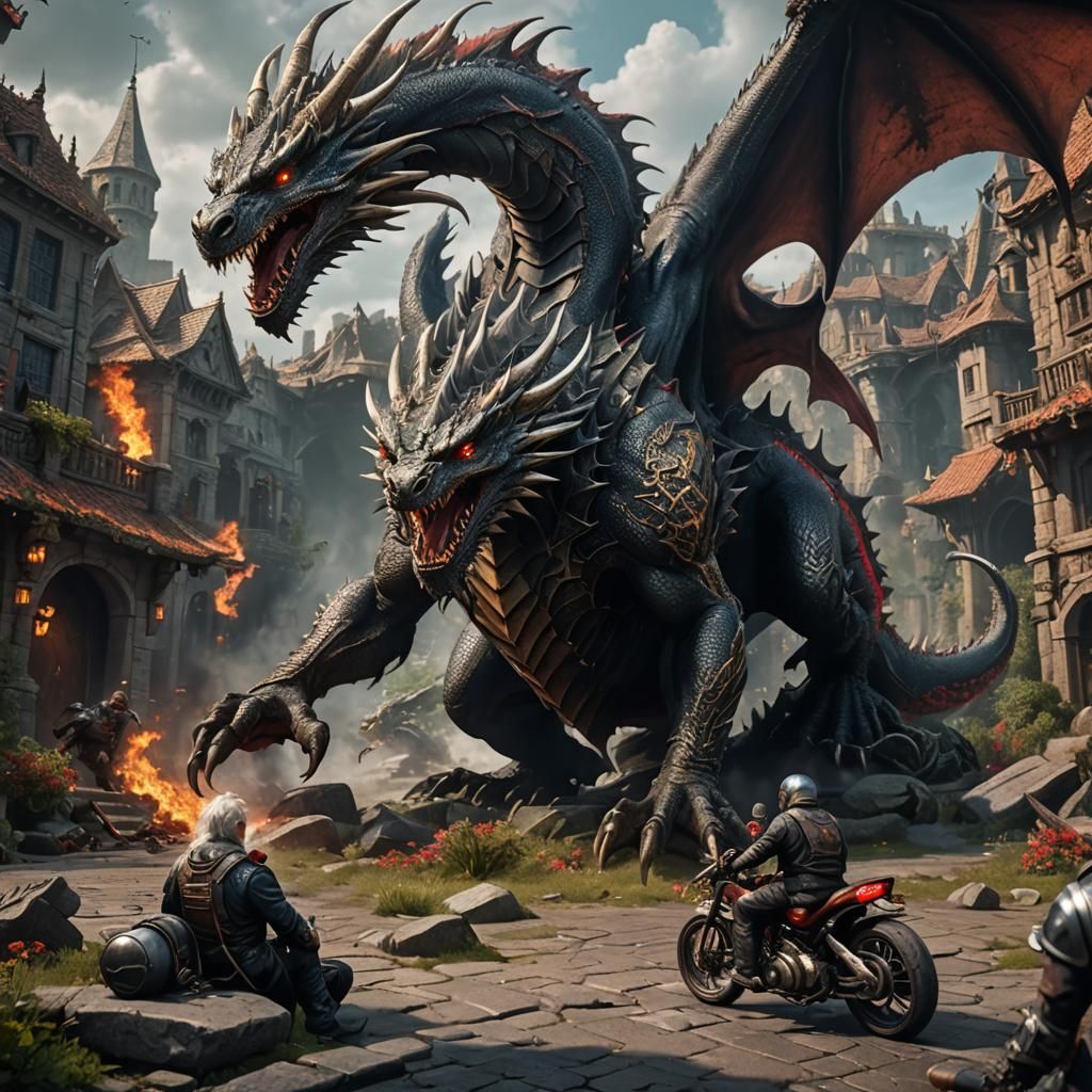 A dragon has been slain by a grey haired biker
