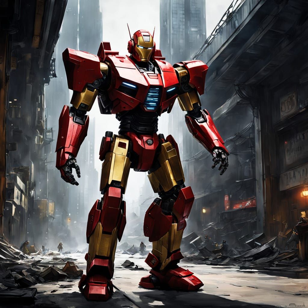 Cyberpunk Robot Suit in Futuristic Battle Stance