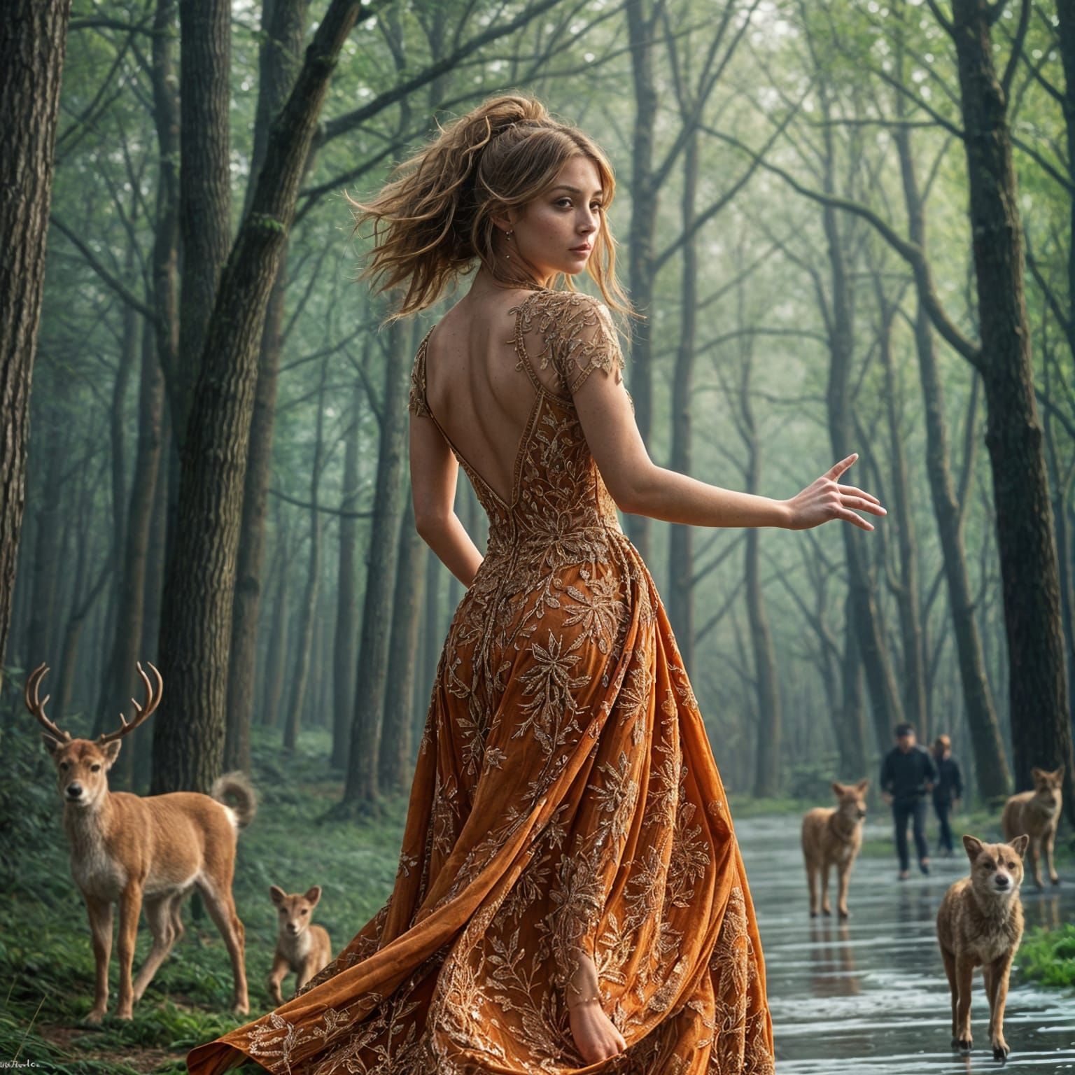 Hyperrealistic Dutch Woman Speed Skating in a Forest