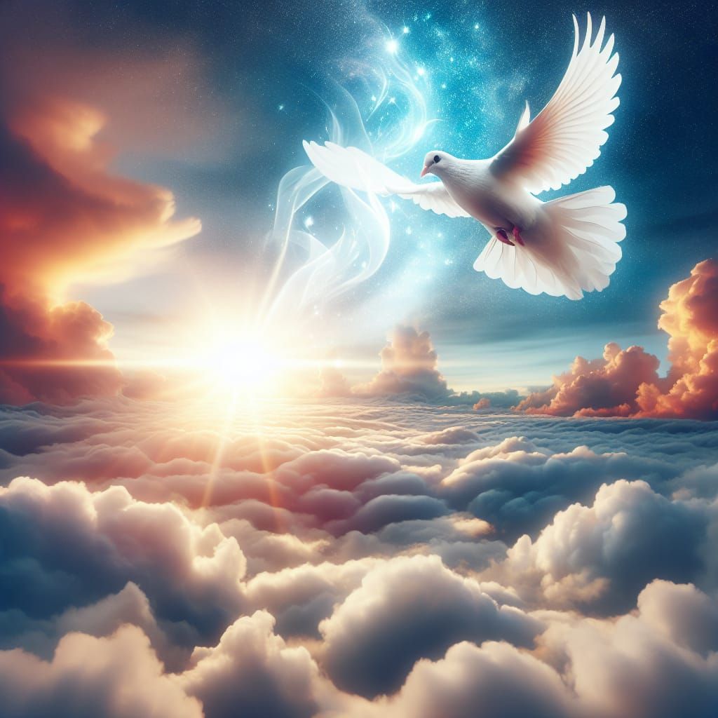 Surreal Dove Ascends in Heavenly Light