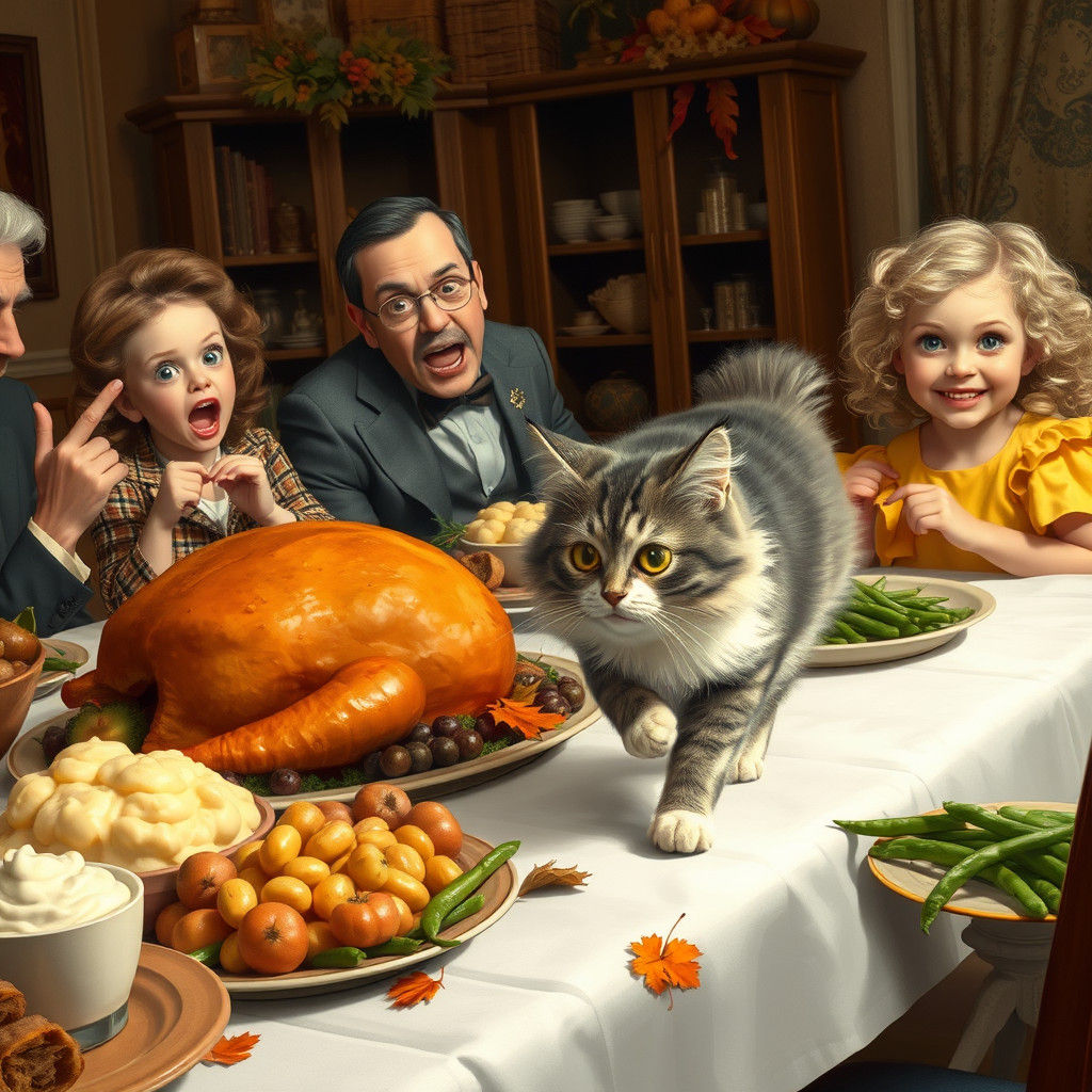 Cat Steals Thanksgiving Feast: Americana Folk Art