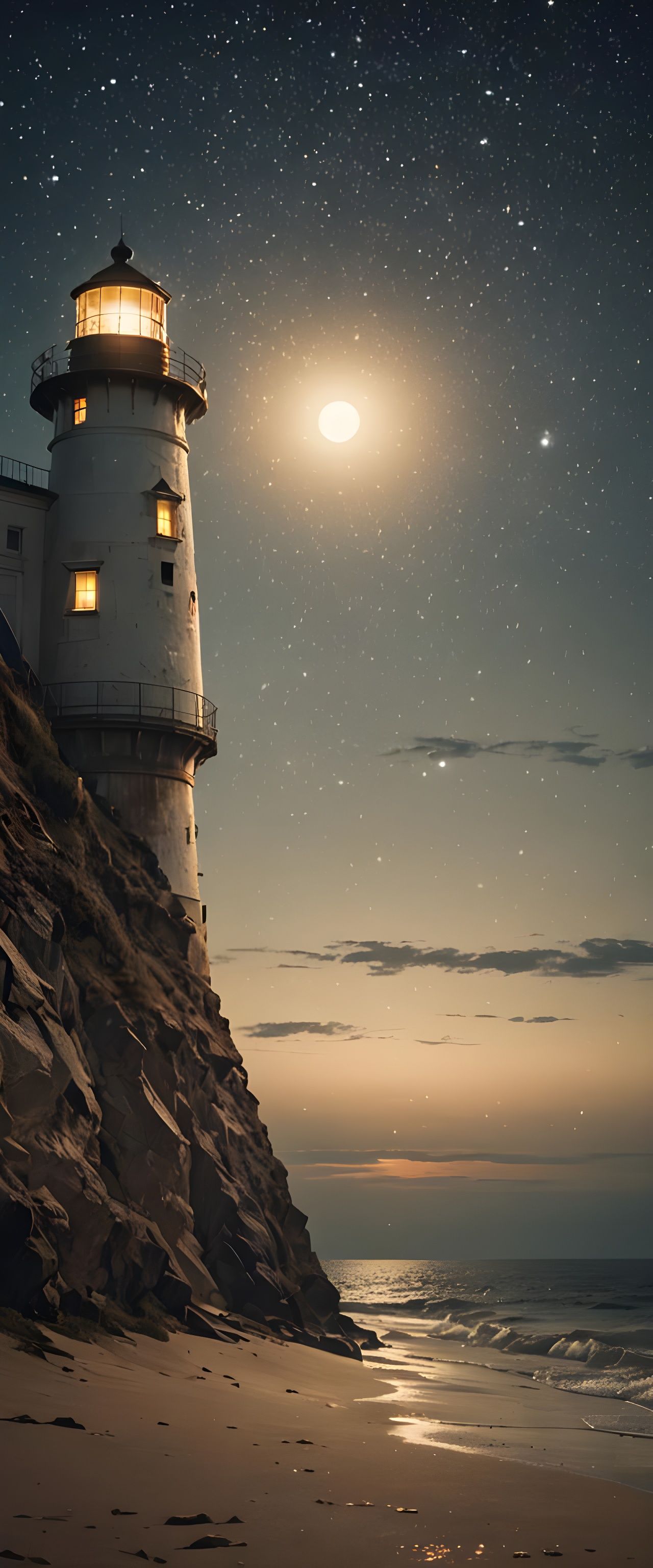 Night Lighthouse Beacon Illuminates Ocean Horizon