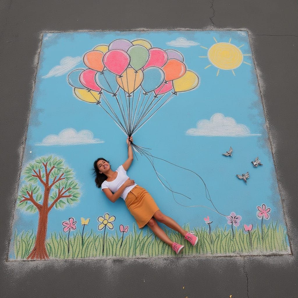 Vibrant Street Scene with Floating Balloons and a Girl in Fl...