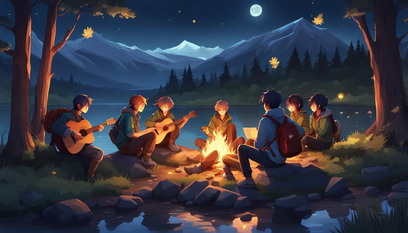 Hikers Camp by River Under Starry Sky