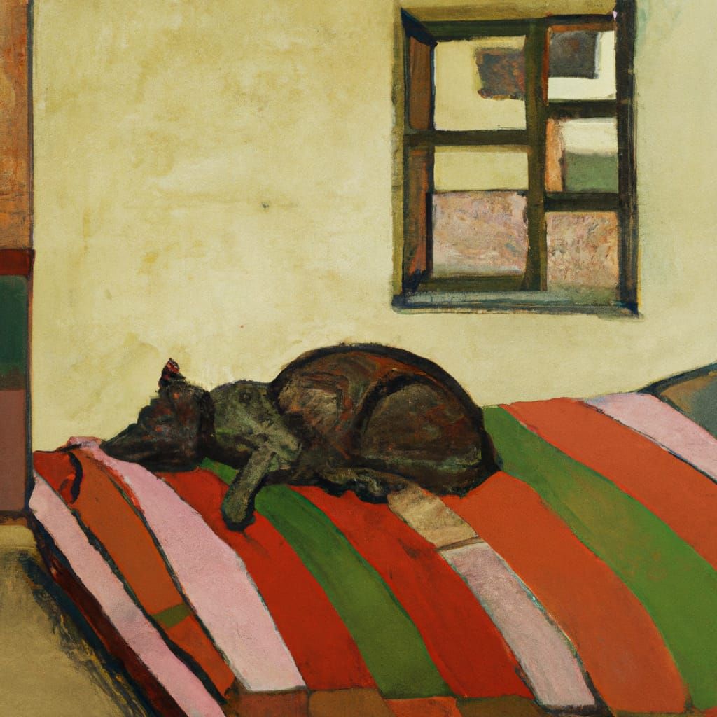 Cat Sleeping in Bedroom, Egon Schiele Style