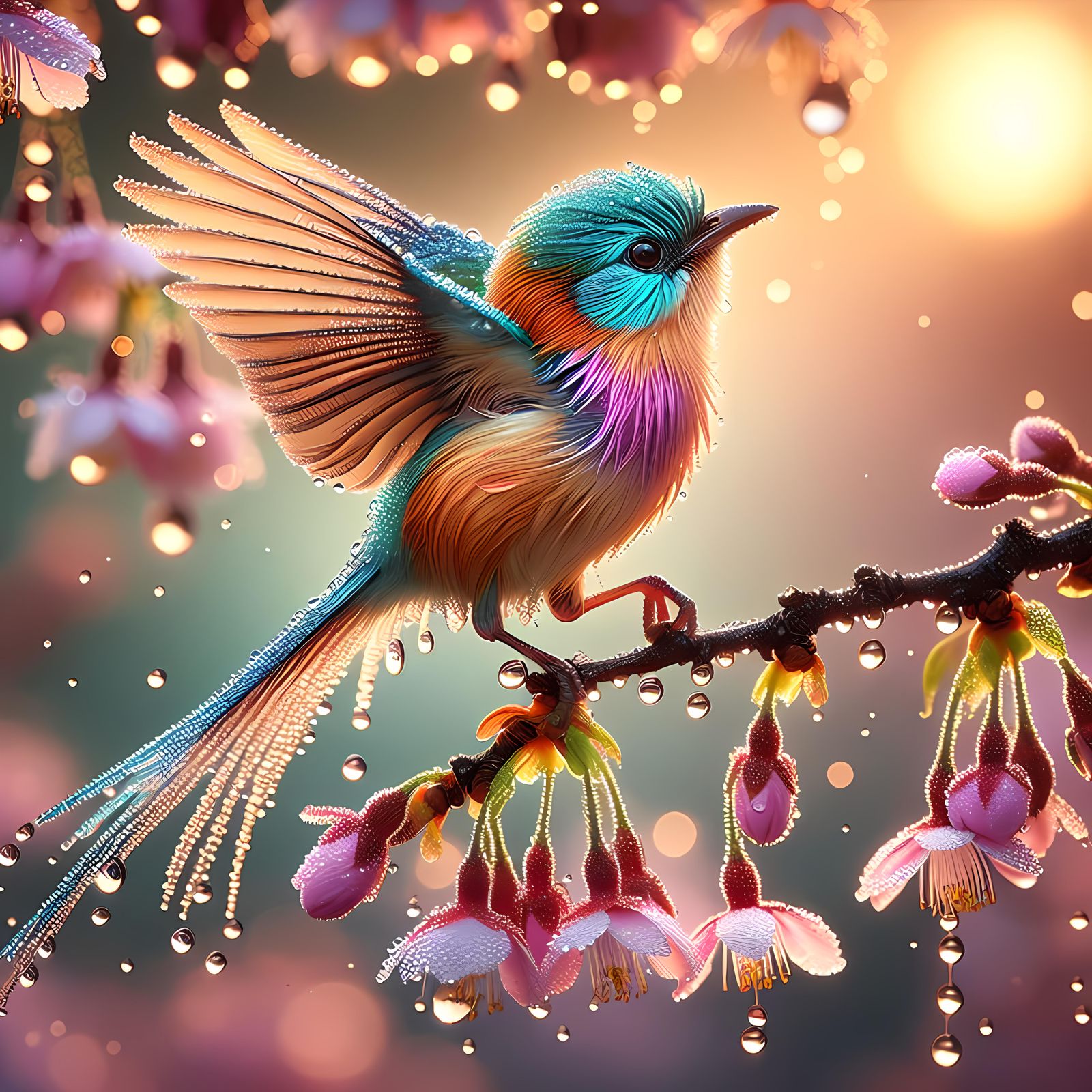 Grenadier Bird Drinks Dew: Photorealistic Digital Illustrati...