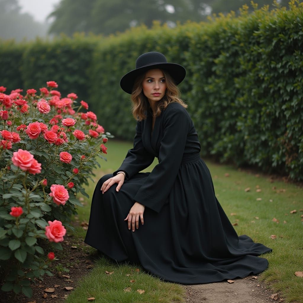 Lady in Elegant Coat Amidst Vibrant Roses in a Durer-Inspire...