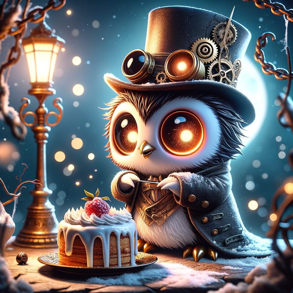 Undead Steampunk Penguin Steals Cake at Night