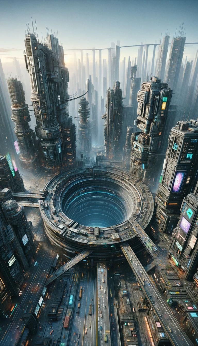 Dystopian Cityscape with Abyss in Cyberpunk Style