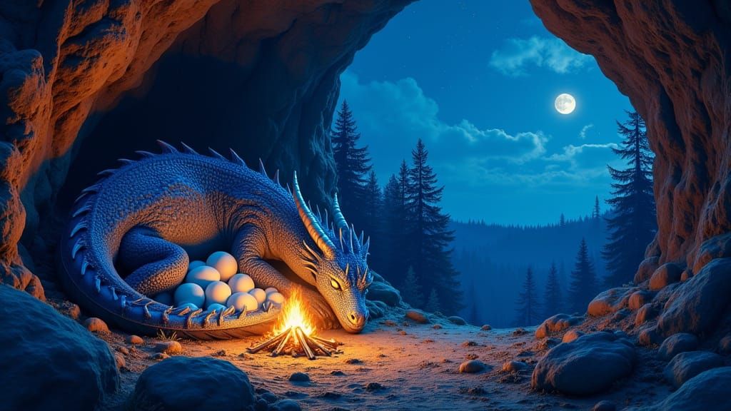Colossal Blue Dragon Mother Sleeps with Glowing Eggs by Camp...