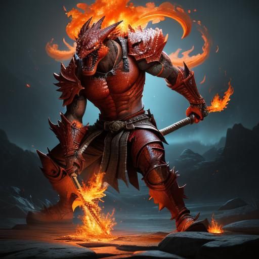 Dragonborn Barbarian with Flaming Axe in 3D Anime Art