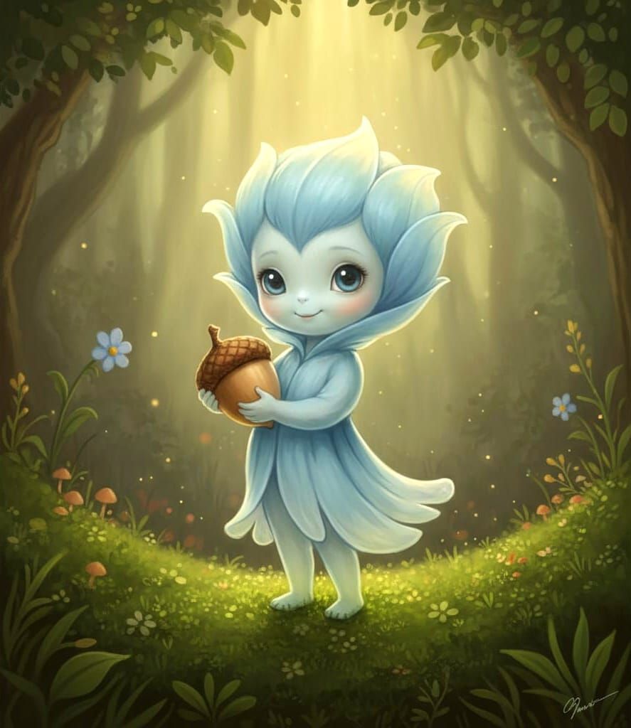 Whimsical Flower Creature in Forest Scene