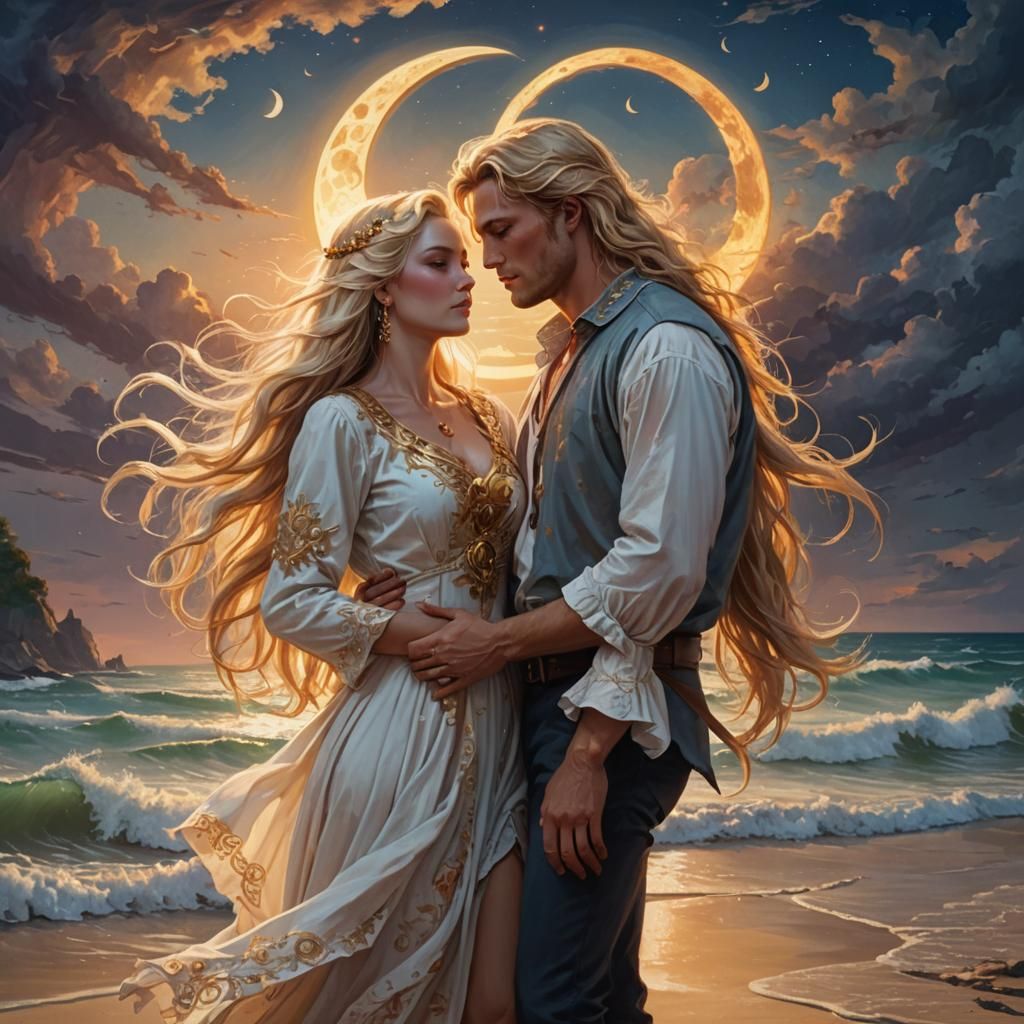 Romantic Beach Scene with Sun and Moon, Oil Painting