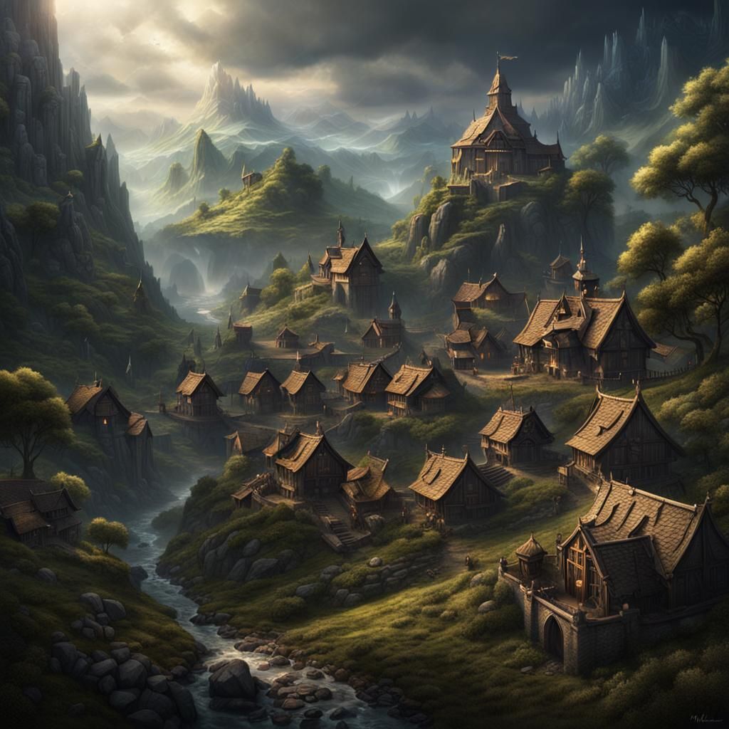 Dark Fantasy Dwarven Village Inhabited by Humans
