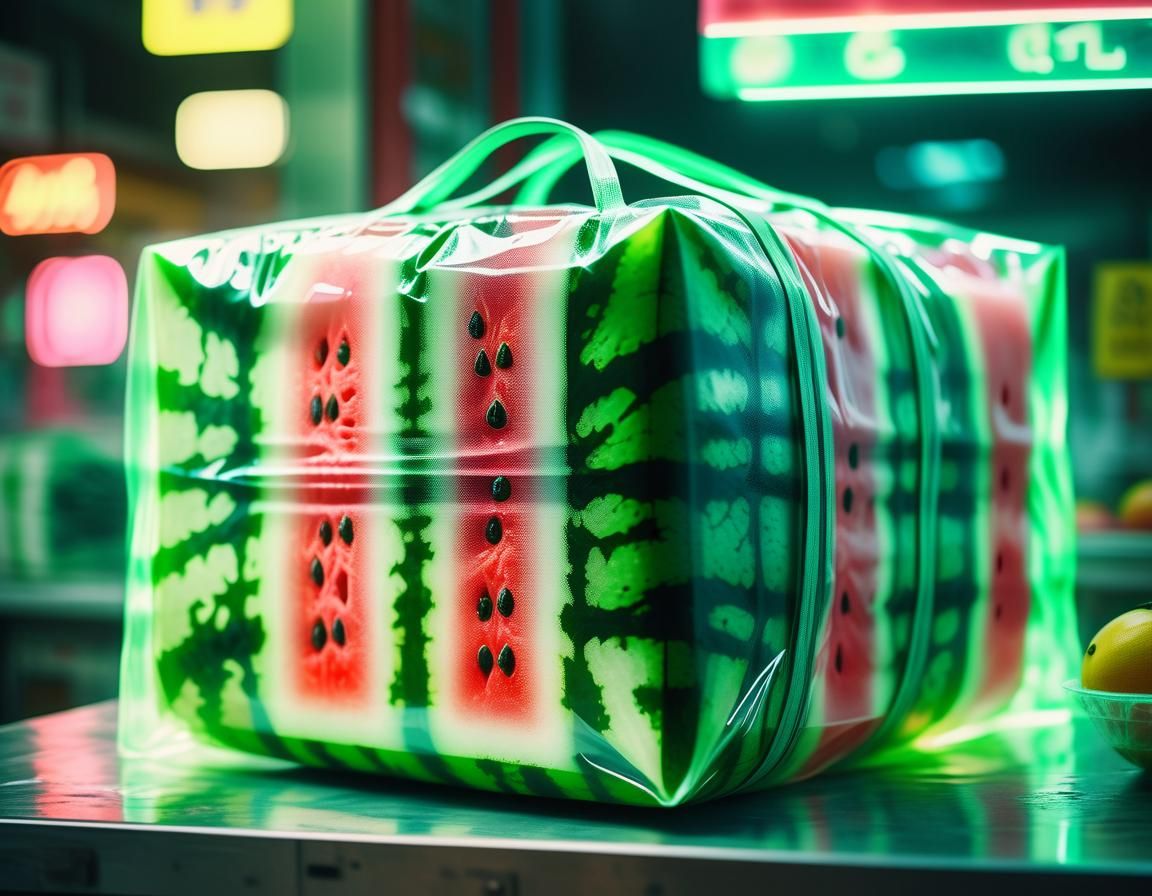Square Watermelon in Neon-Lit Market: Retro Film Still