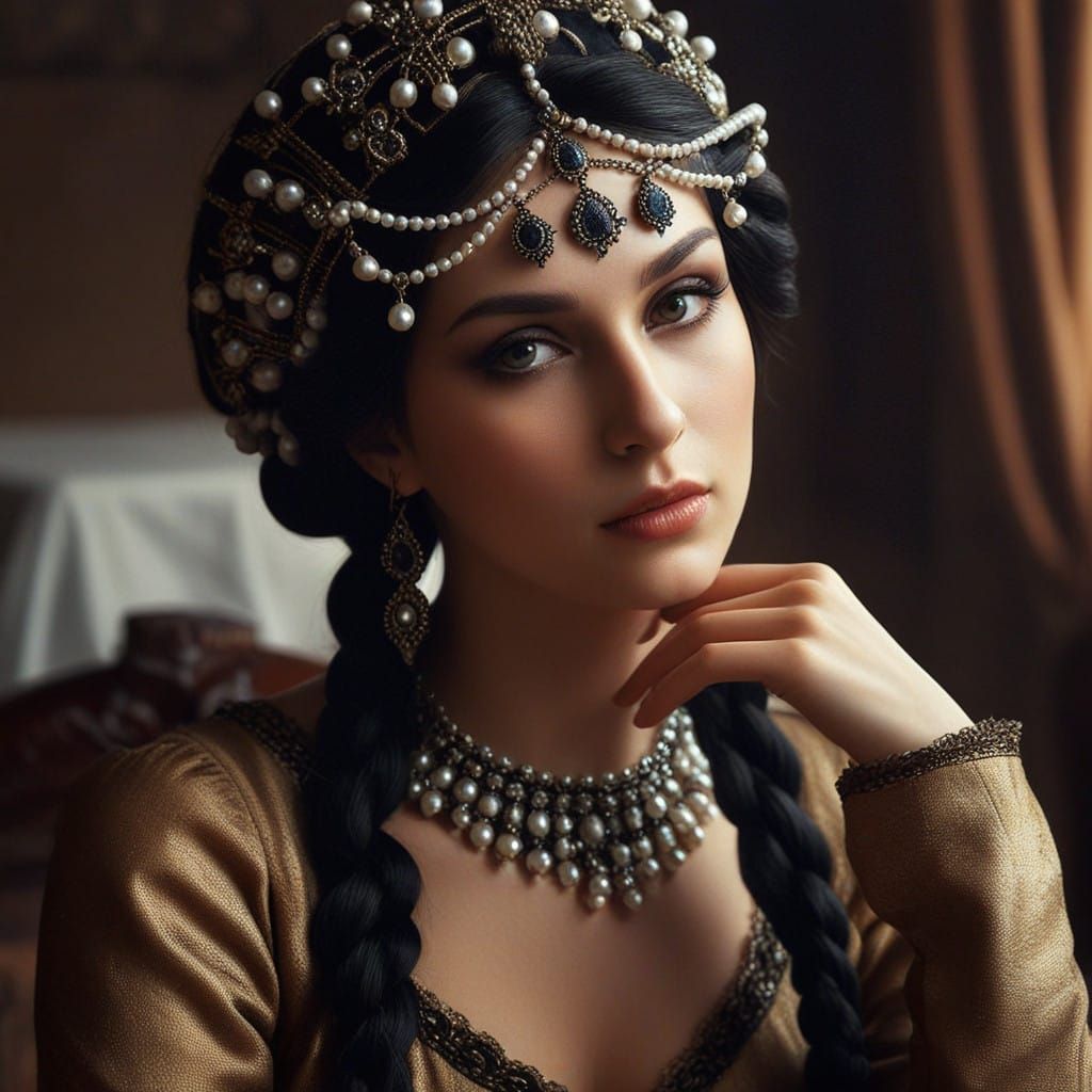 Medieval Lady in Ornate Headdress and Pearls
