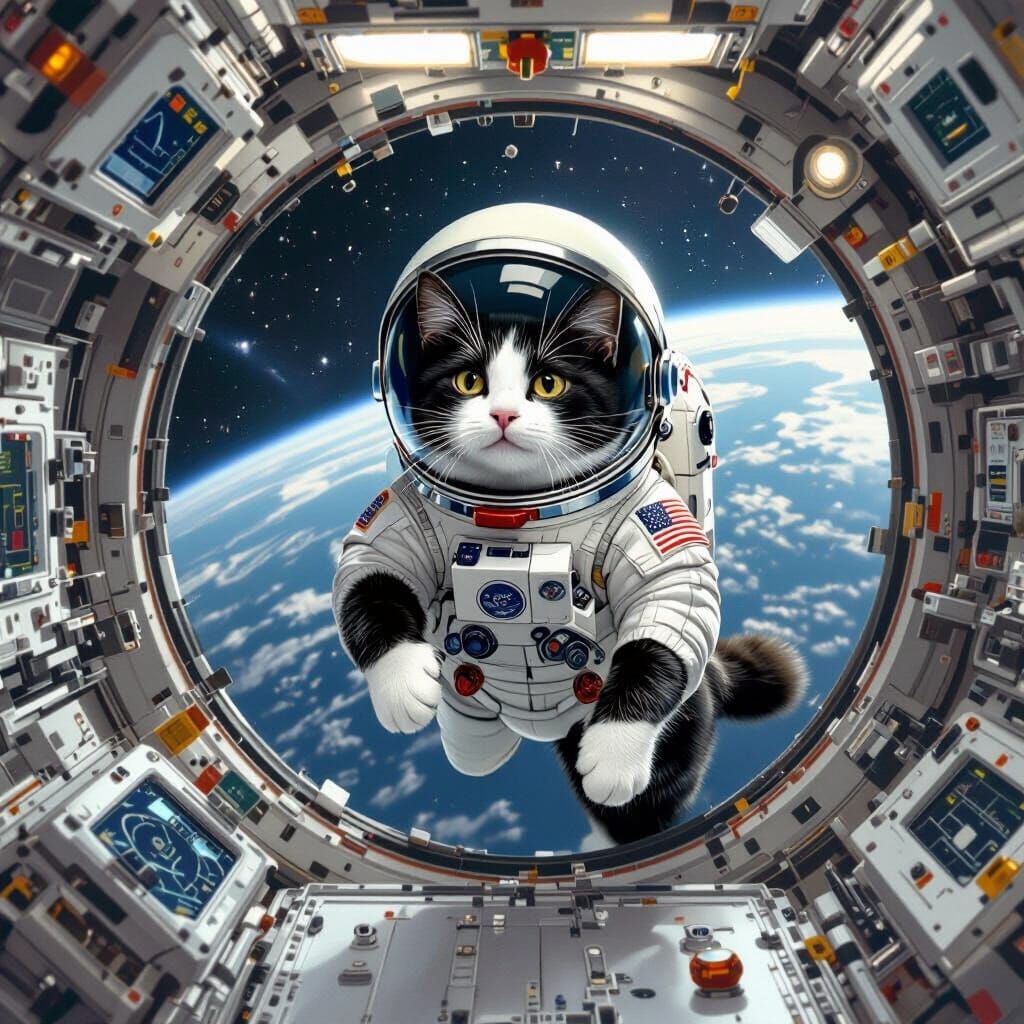 Tuxedo Cat Astronaut in Space Station Art
