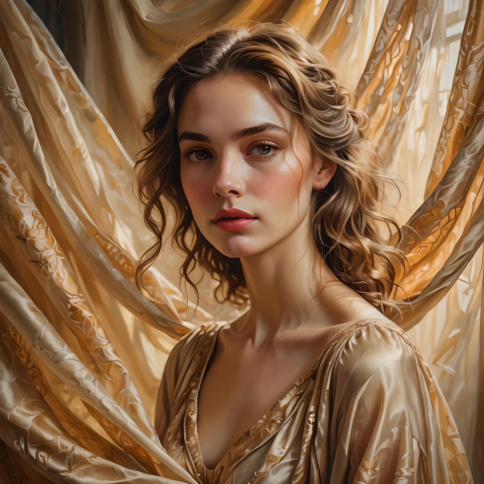 Ethereal Woman in Floating Dress with Fabrics