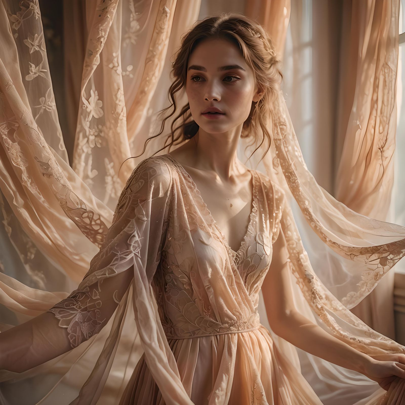 Ethereal Woman in Floating Dress with Draped Fabric