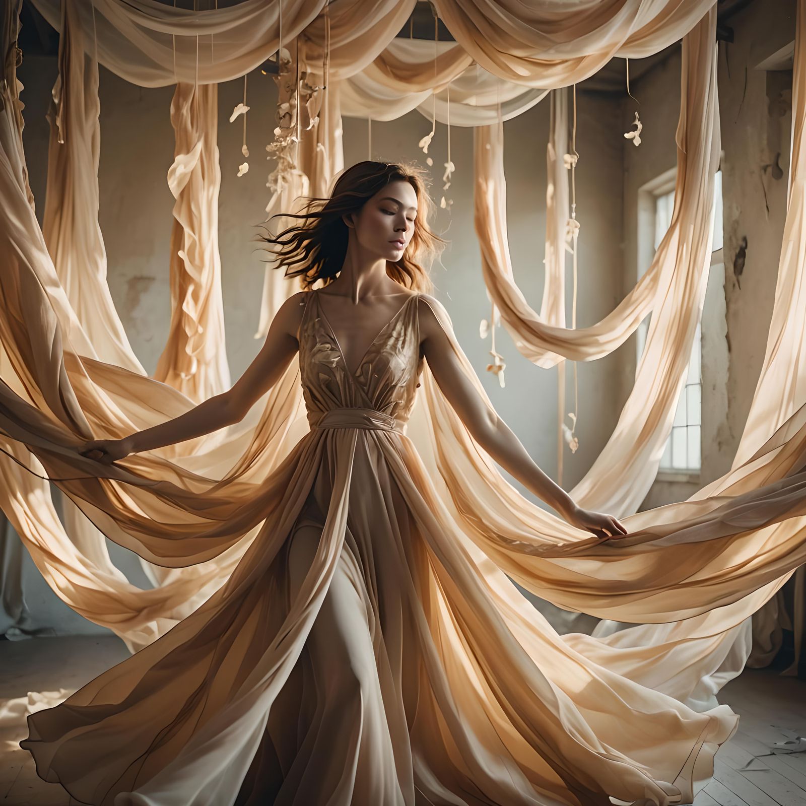 Ethereal Woman in Floating Dress with Draped Fabrics