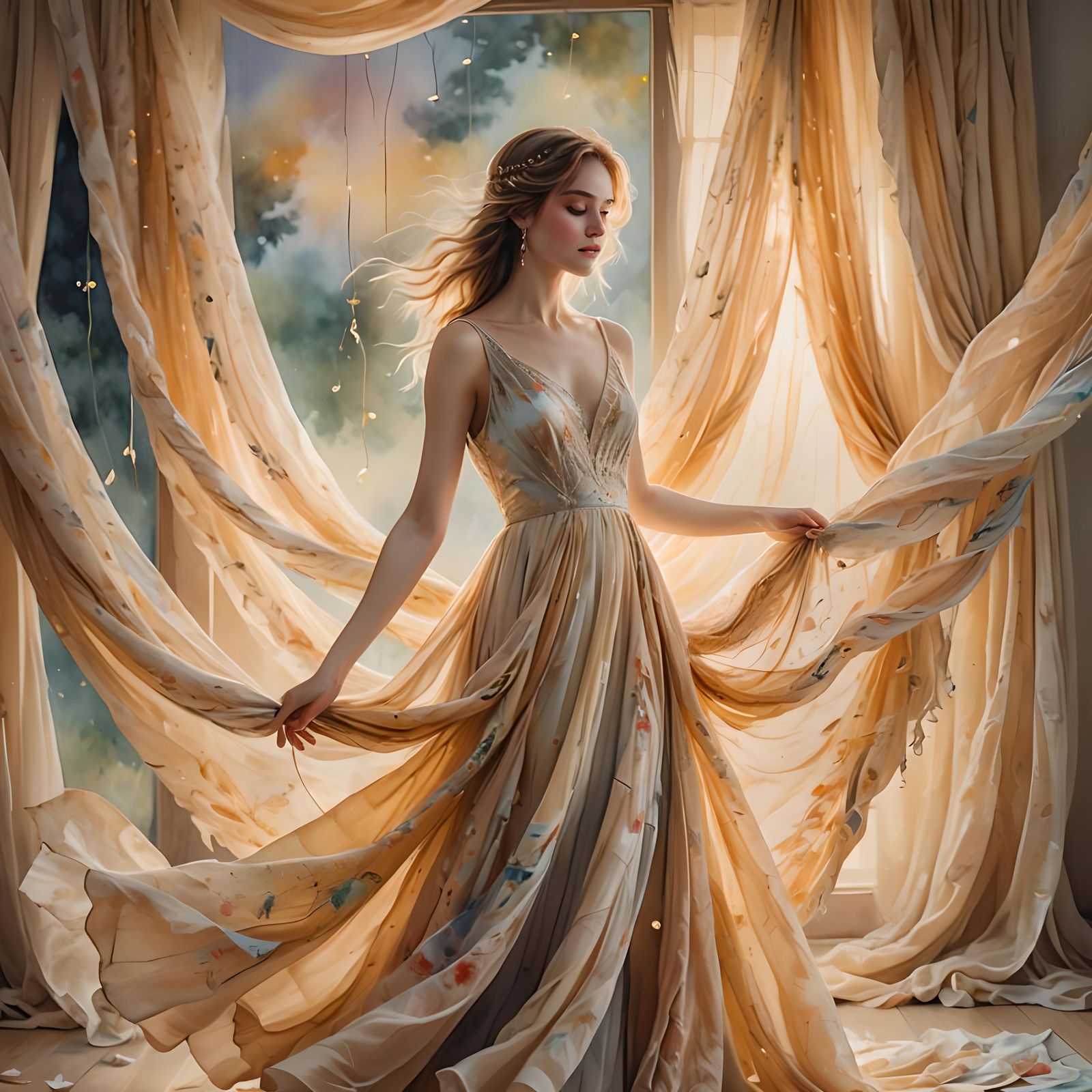 Ethereal Woman in Floating Dress with Draped Fabrics