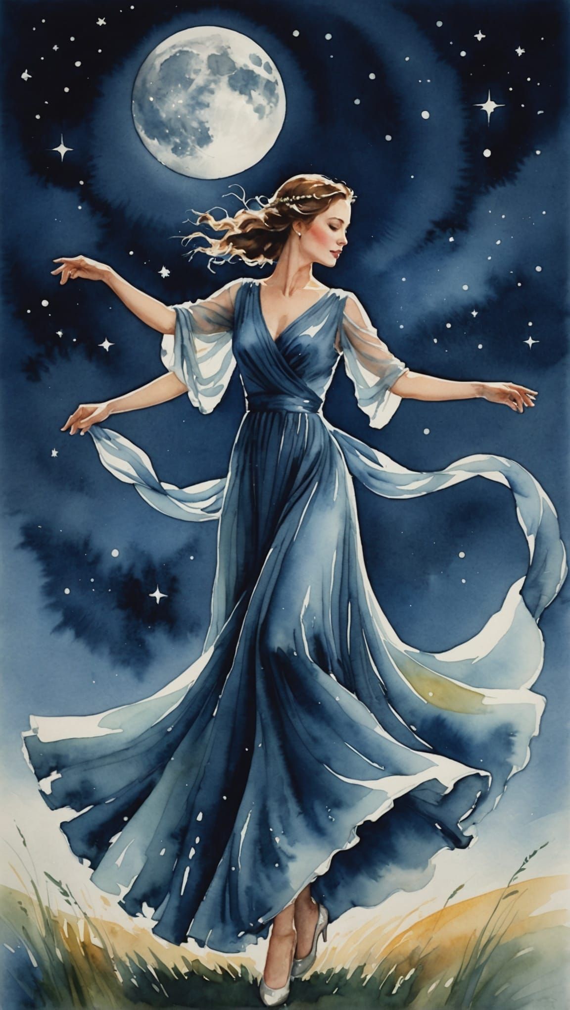 Woman Dancing Gracefully Under Moonlight as Watercolor