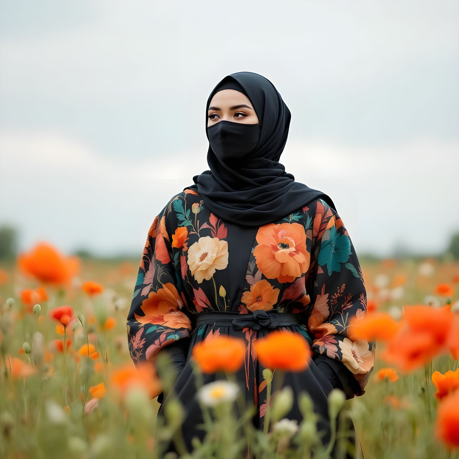 Curvy Woman in Hijab with Poppies in Summer Landscape