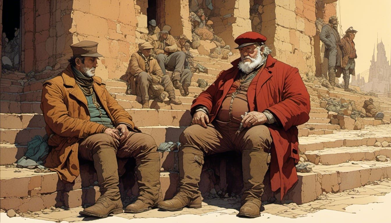 Merchant in Omnibus: Moebius Style Illustration