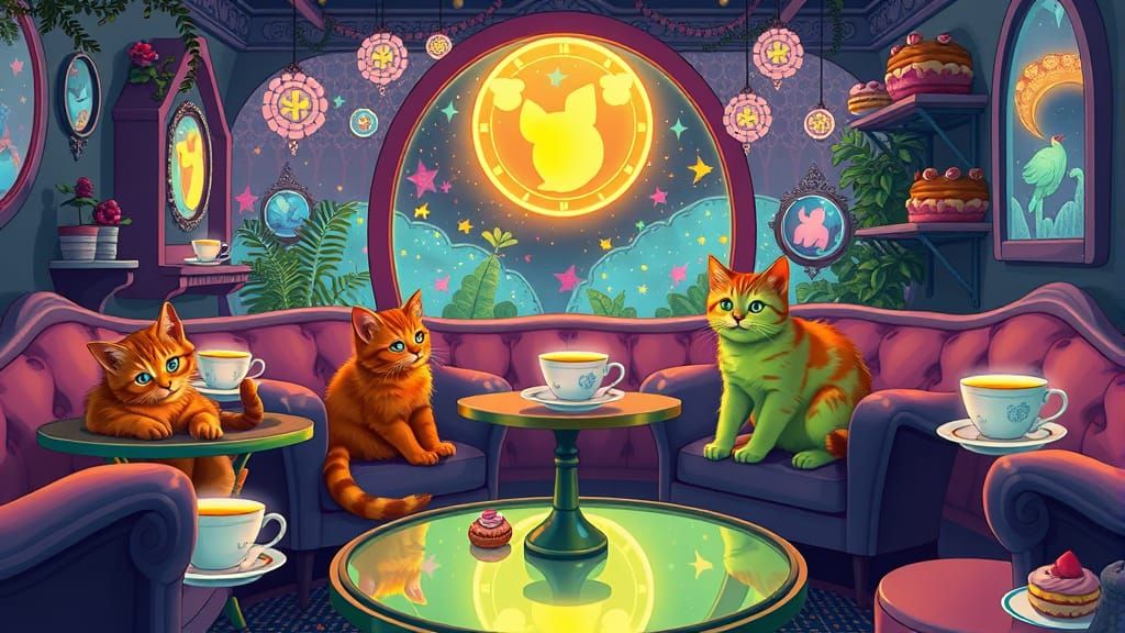 Dreamlike Neon Cat Cafe: Comic Book Art