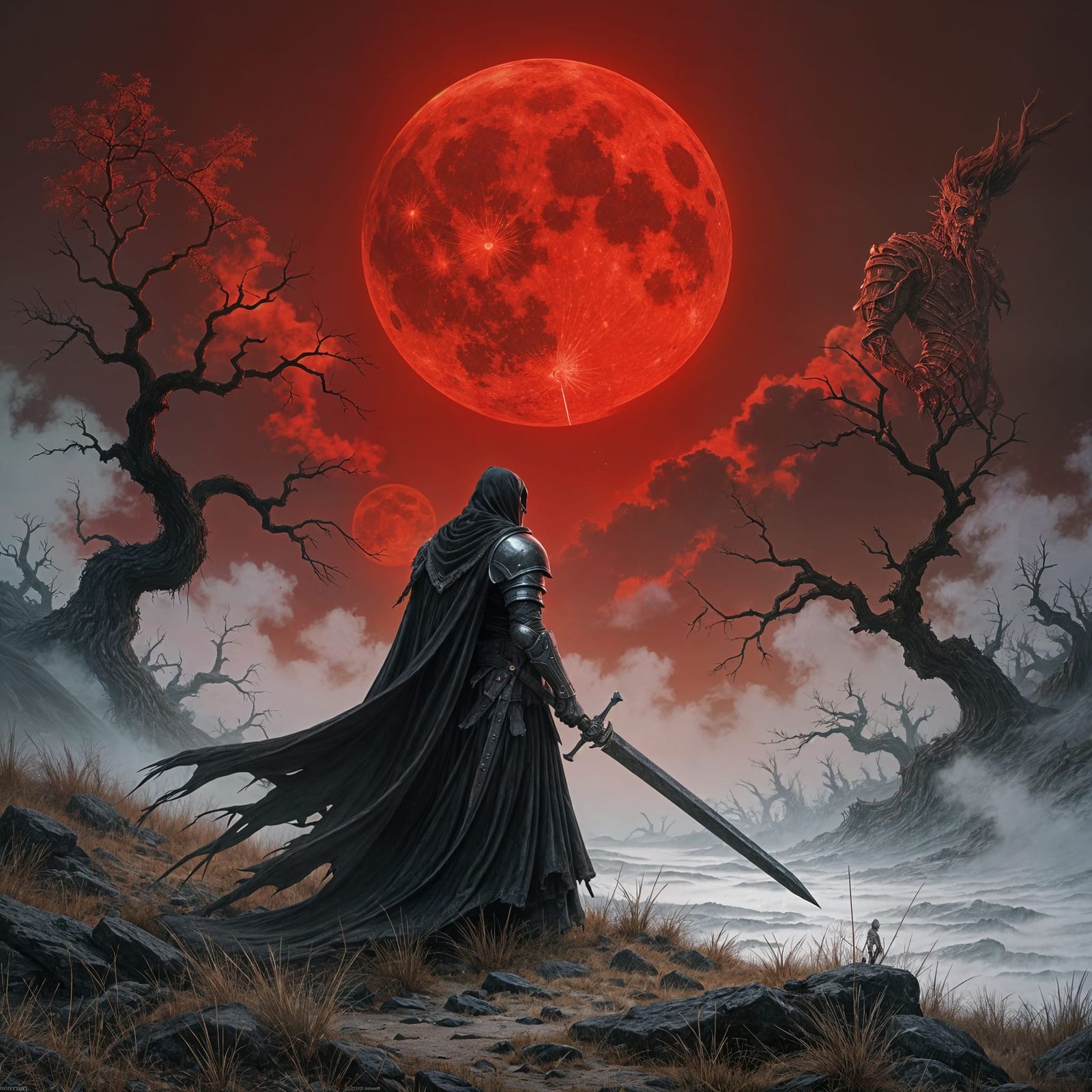 Spectral Knight on Desolate Moor Under Blood Moon